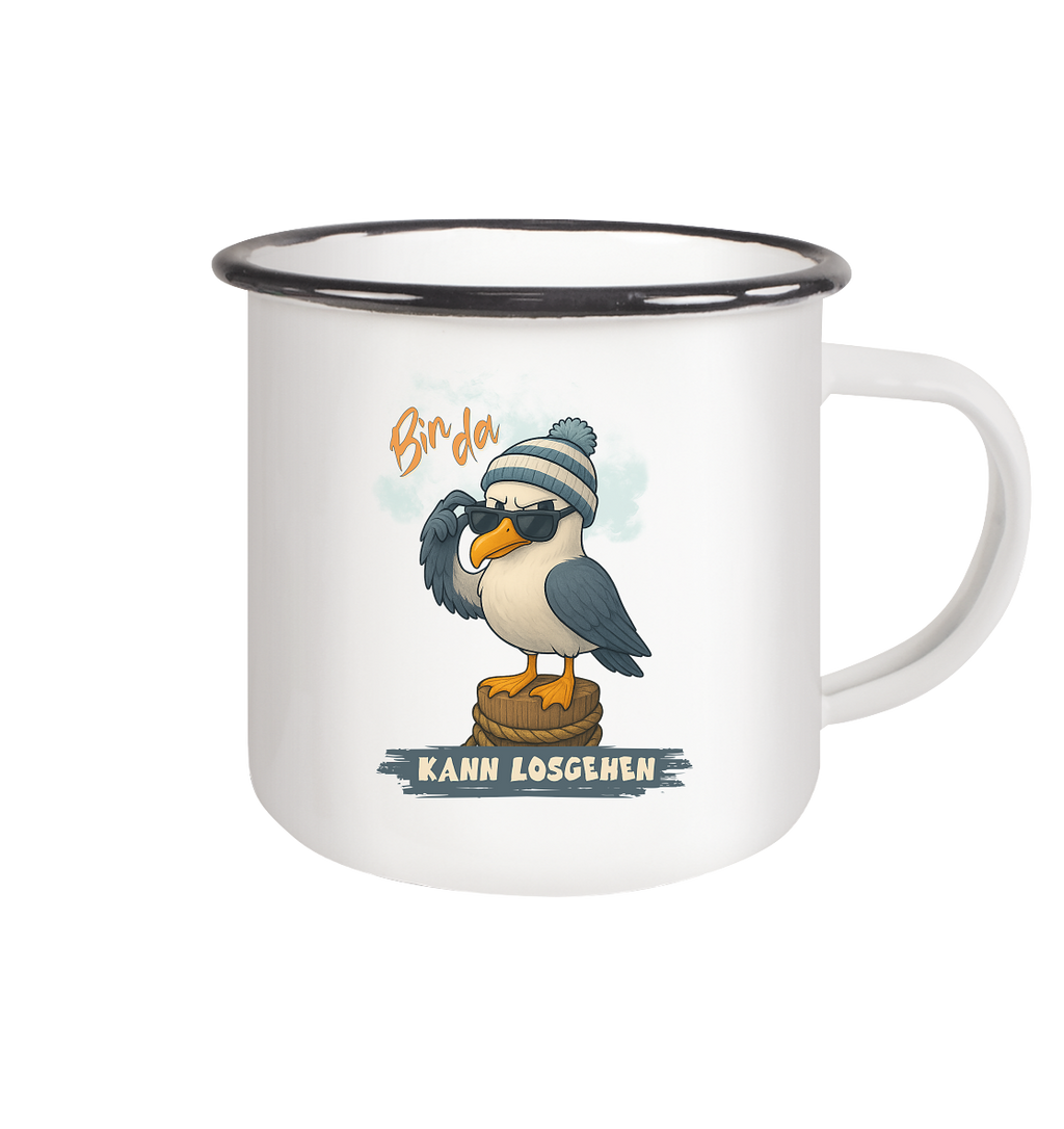 Bin da - kann losgehen - Emaille Tasse (Black)