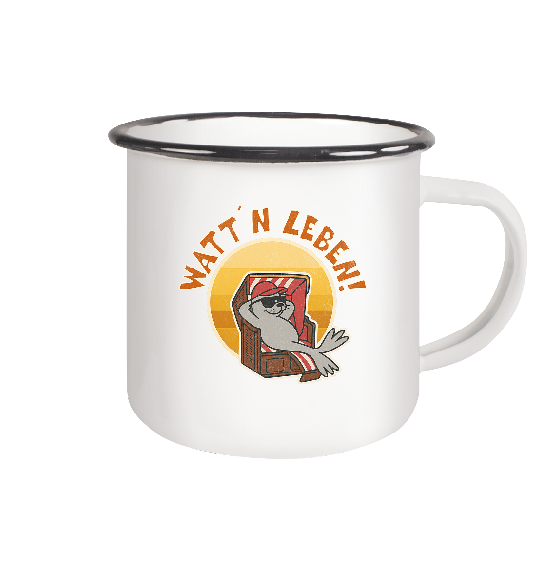Watt´n Leben! Retro-Design Chill-Robbe im Strandkorb - Emaille Tasse (Black)